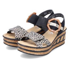 Rieker Womens 68176 Wedge Slingback Sandals - Black Animal Print